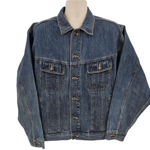 VTG Wrangler Denim Jacket Men XL Blue Rugged Wear Trucker Classic 90s Biker Hog